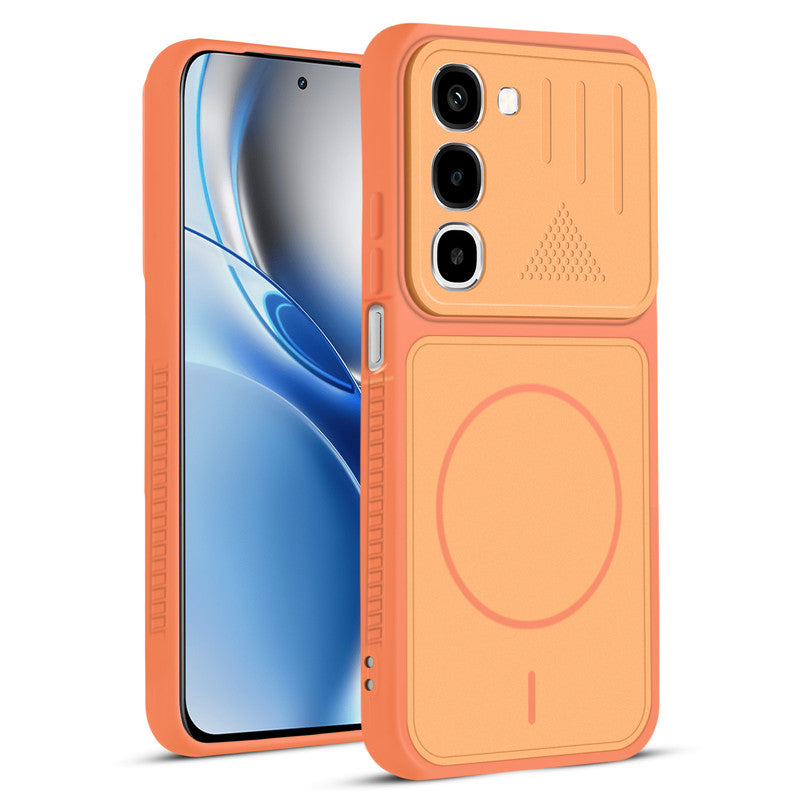 Front and back view of Orange protective back cover for Realme 16x 5G with textured sides, camera guard and slim fit design.