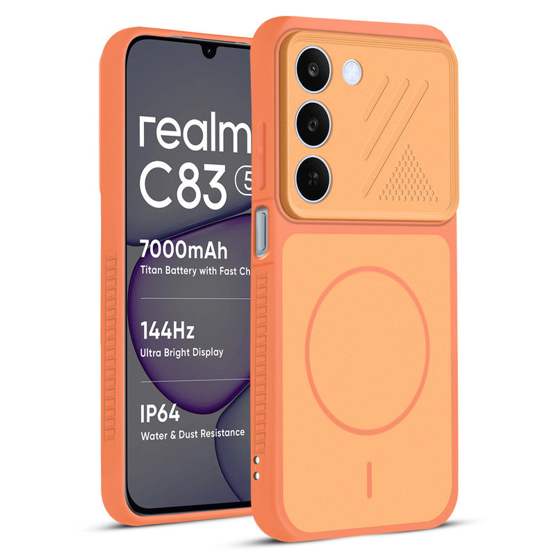 Front and back view of Orange protective back cover for Realme C83 5G with textured sides, camera guard and slim fit design.