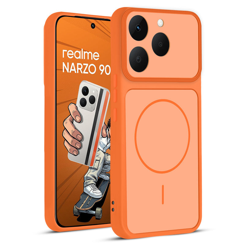 Front and back view of Orange protective back cover for Realme Narzo 90 5G with textured sides, camera guard and slim fit design.