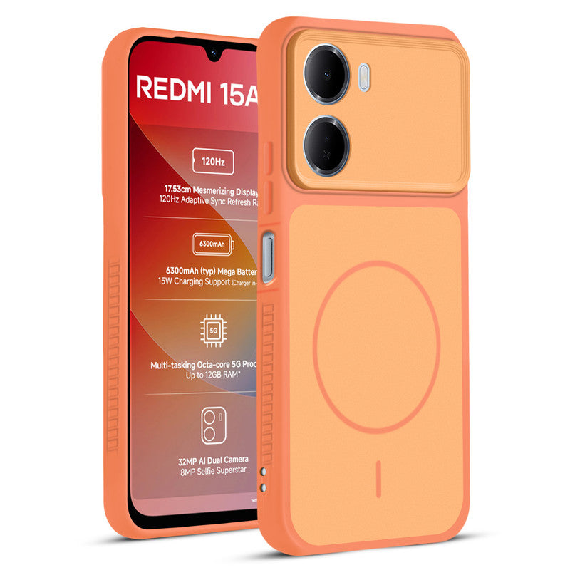 Front and back view of Orange protective back cover for Redmi 15A 5G with textured sides, camera guard and slim fit design.