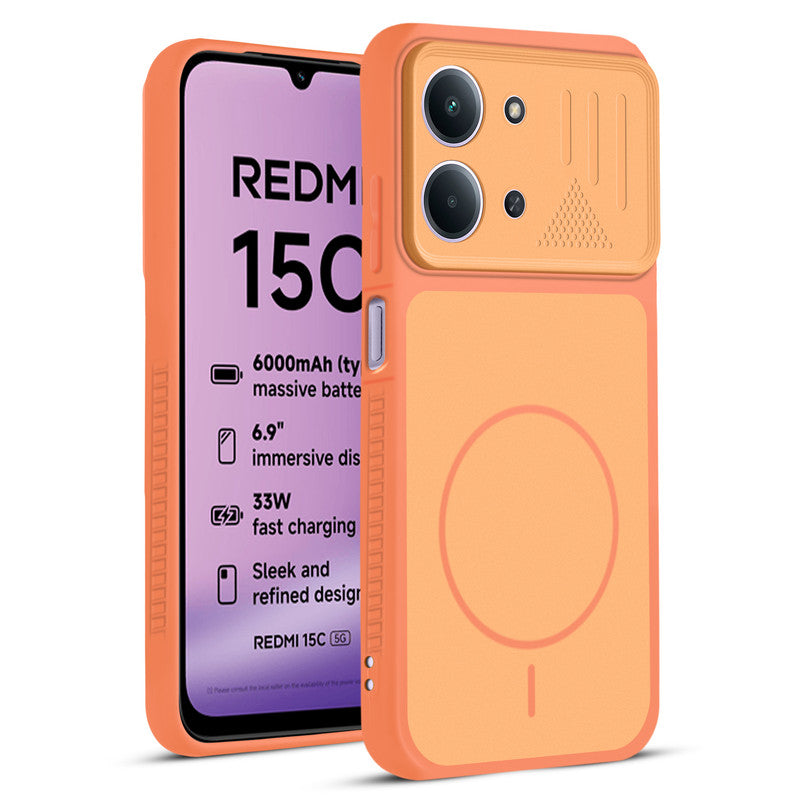 Front and back view of Orange protective back cover for Redmi 15C 5G with textured sides, camera guard and slim fit design.