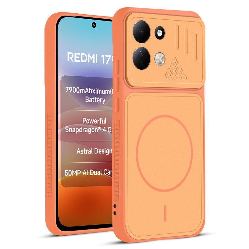 Front and back view of Orange protective back cover for Redmi 17 5G with textured sides, camera guard and slim fit design.