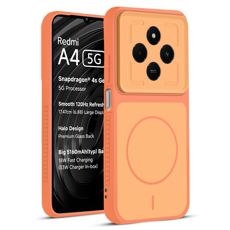 Front and back view of Orange protective back cover for Redmi A4 5G with textured sides, camera guard and slim fit design.