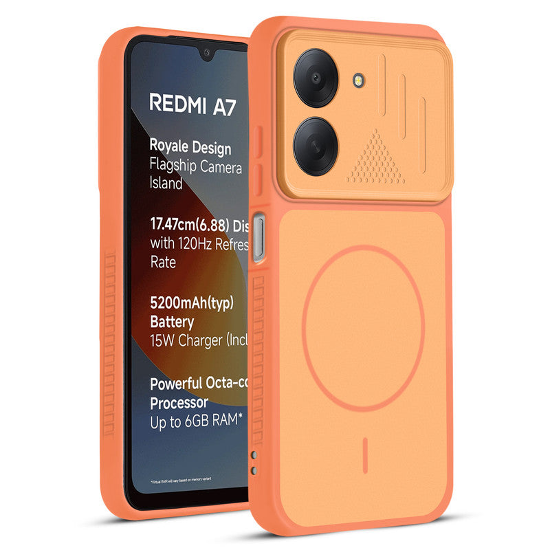 Front and back view of Orange protective back cover for Redmi A7 4G with textured sides, camera guard and slim fit design.