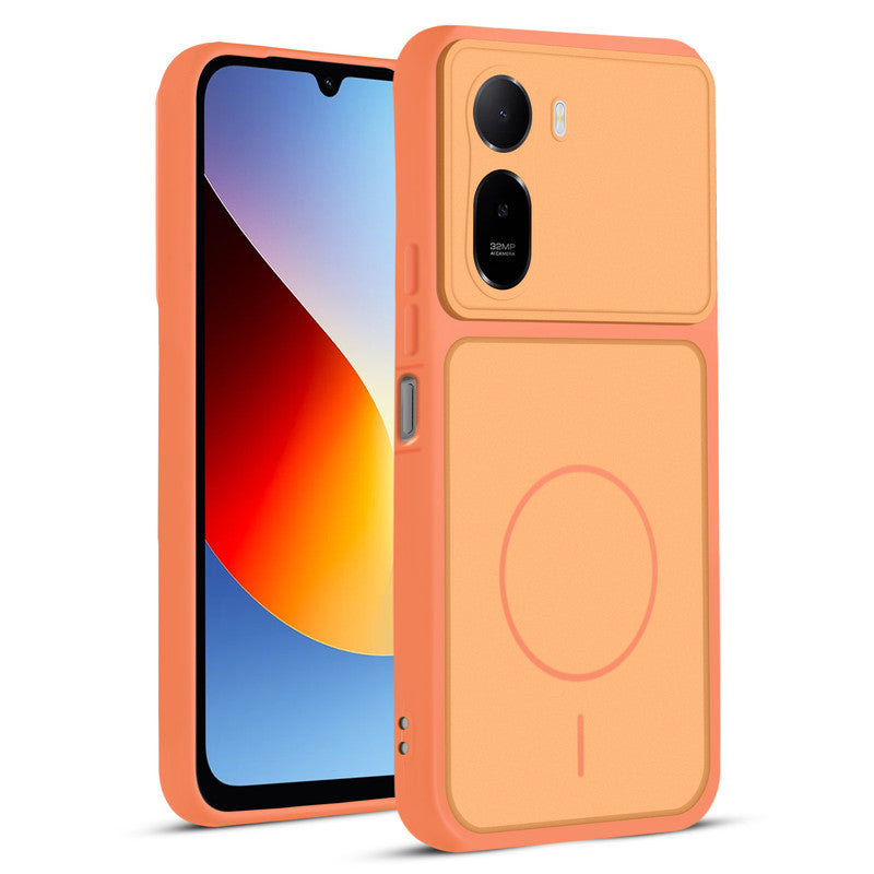 Front and back view of Orange protective back cover for Redmi A7 Pro 4G with textured sides, camera guard and slim fit design.