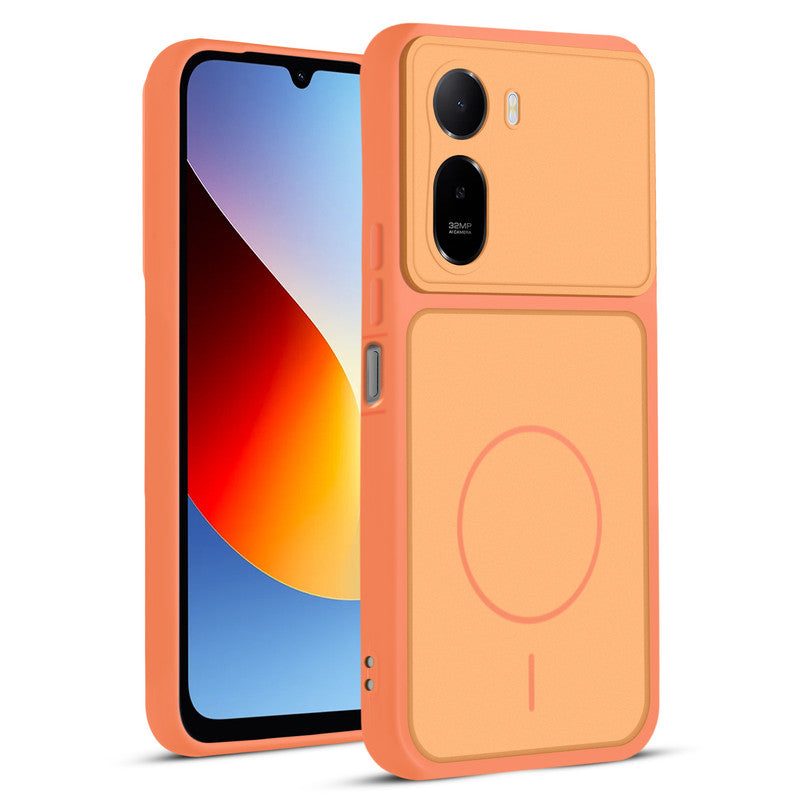 Front and back view of Orange protective back cover for Redmi A7 Pro 5G with textured sides, camera guard and slim fit design.