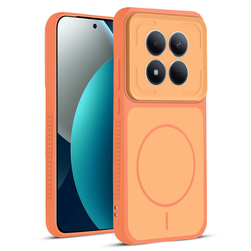 Front and back view of Orange protective back cover for Redmi Note 15 Pro 5G with textured sides, camera guard and slim fit design.