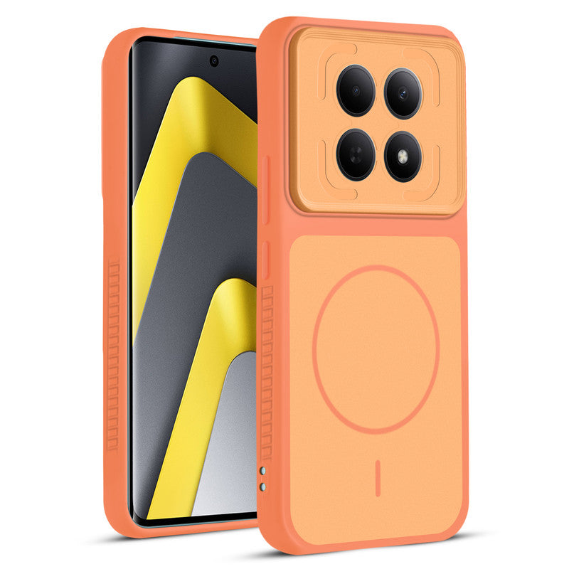 Front and back view of Orange protective back cover for Redmi Note 15 SE 5G with textured sides, camera guard and slim fit design.