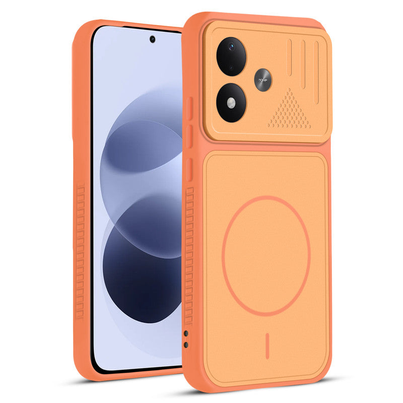 Front and back view of Orange protective back cover for Redmi Note 17 5G with textured sides, camera guard and slim fit design.