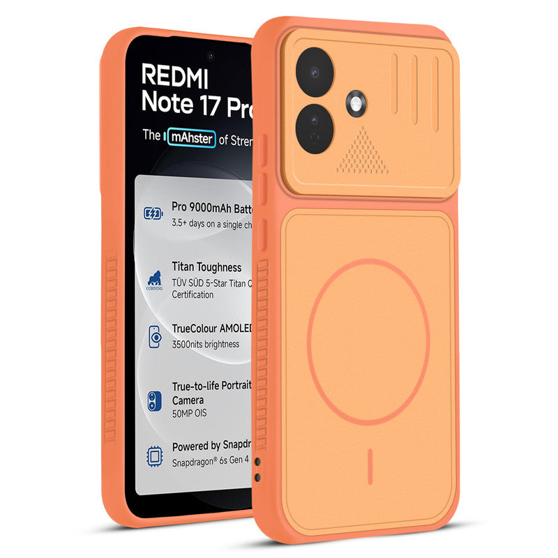 Front and back view of Orange protective back cover for Redmi Note 17 Pro 5G with textured sides, camera guard and slim fit design.