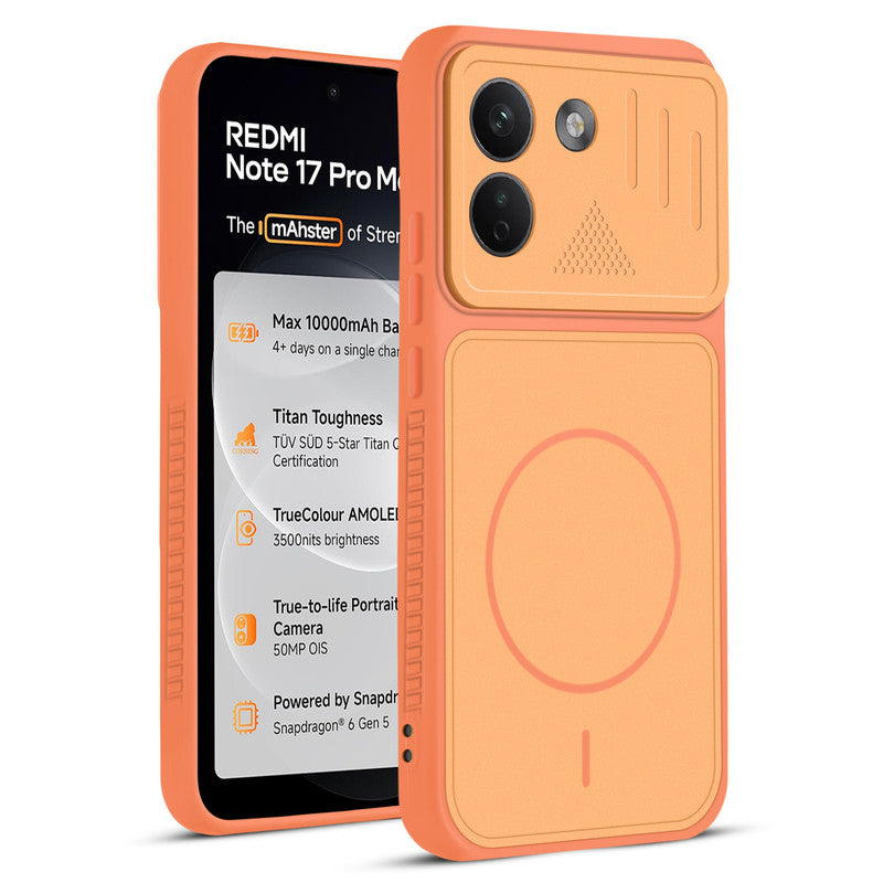 Front and back view of Orange protective back cover for Redmi Note 17 Pro Max 5G with textured sides, camera guard and slim fit design.