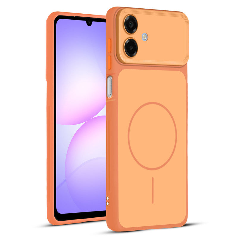 Full protective dual tone Orange silicone case for Samsung A07 5G showing front and back design coverage