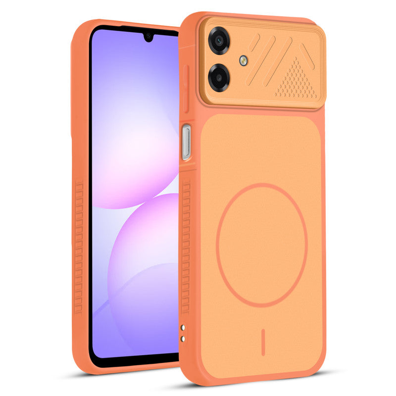 Front and back view of Orange protective back cover for Samsung A07 5G with textured sides, camera guard and slim fit design.