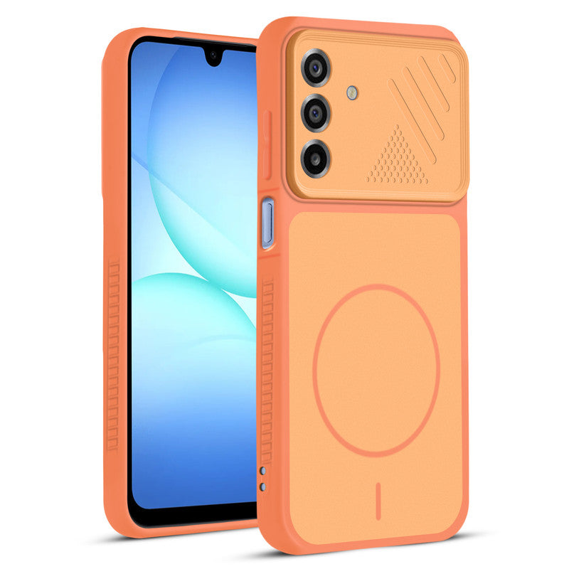 Front and back view of Orange protective back cover for Samsung A17 5G with textured sides, camera guard and slim fit design.