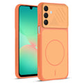 Front and back view of Orange protective back cover for Samsung A26 5G with textured sides, camera guard and slim fit design.
