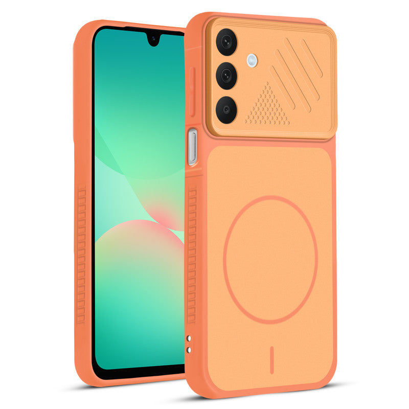 Front and back view of Orange protective back cover for Samsung A26 5G with textured sides, camera guard and slim fit design.