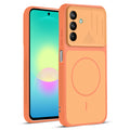 Front and back view of Orange protective back cover for Samsung A27 5G with textured sides, camera guard and slim fit design.
