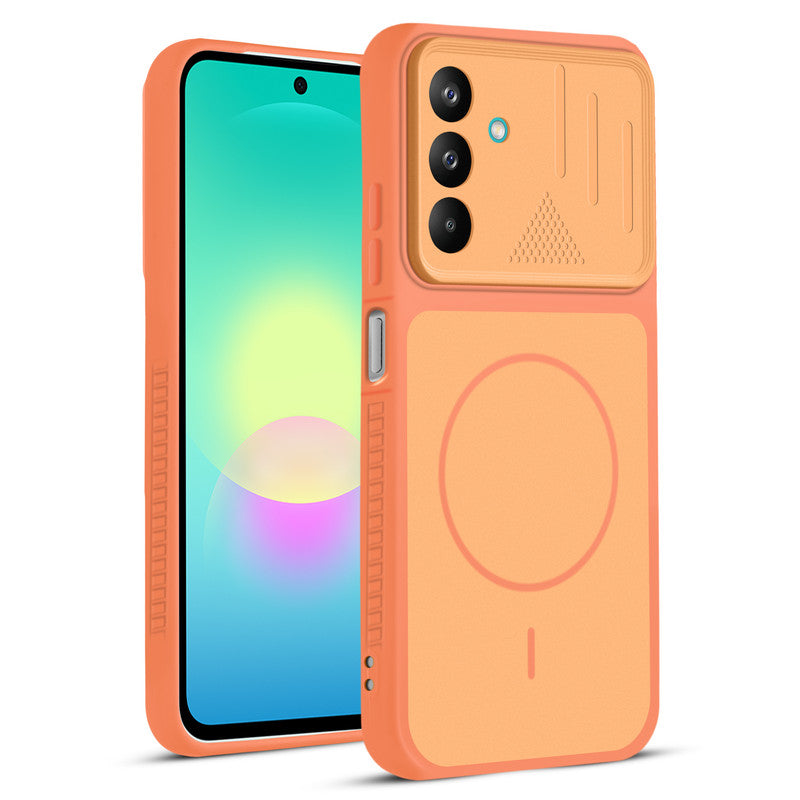 Front and back view of Orange protective back cover for Samsung A27 5G with textured sides, camera guard and slim fit design.