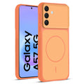 Front and back view of Orange protective back cover for Samsung A57 5G with textured sides, camera guard and slim fit design.