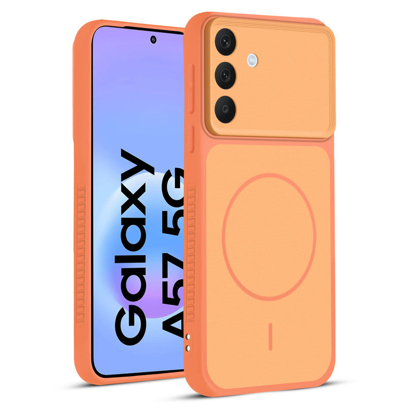 Front and back view of Orange protective back cover for Samsung A57 5G with textured sides, camera guard and slim fit design.