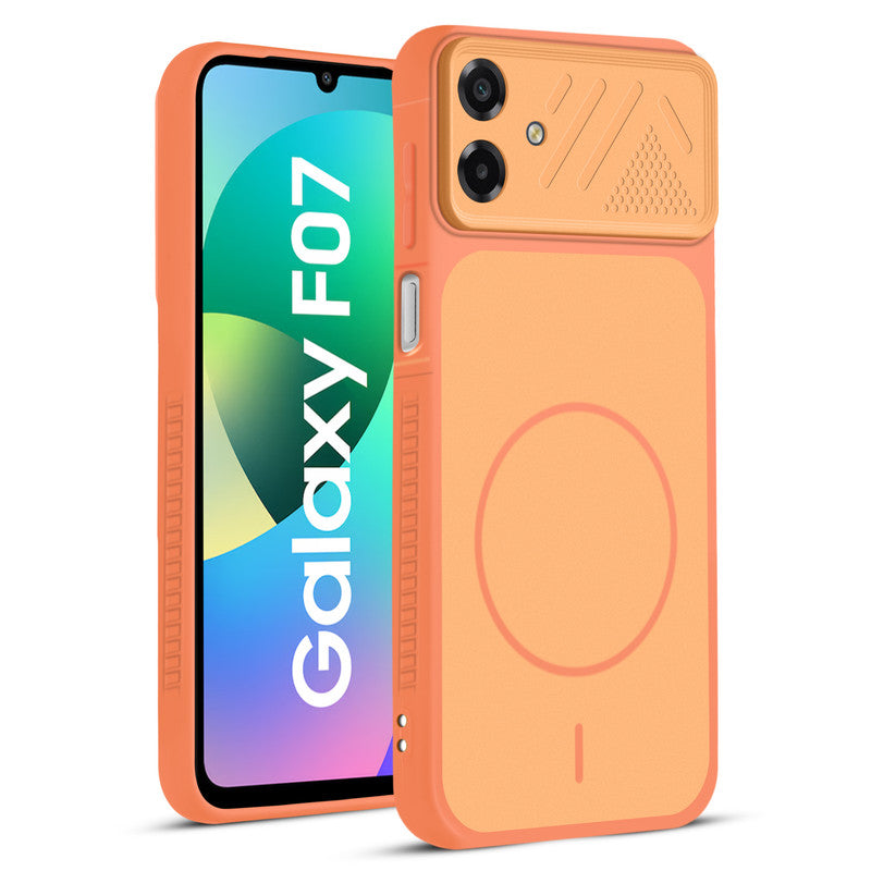 Front and back view of Orange protective back cover for Samsung F07 with textured sides, camera guard and slim fit design.