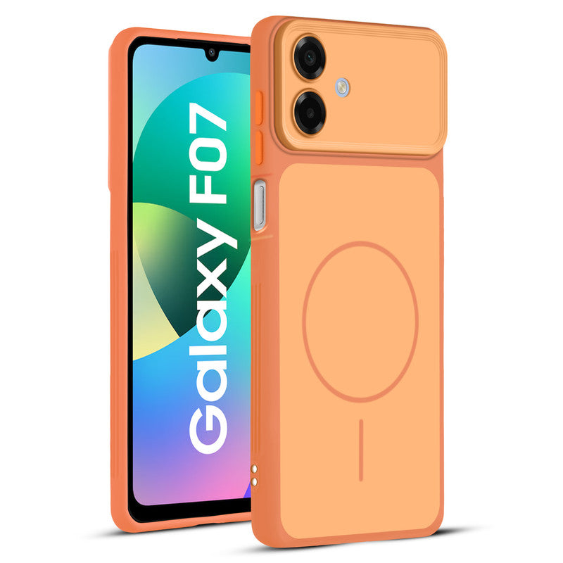 Full protective dual tone Orange silicone case for Samsung F07 showing front and back design coverage