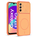 Front and back view of Orange protective back cover for Samsung F17 5G  with textured sides, camera guard and slim fit design.