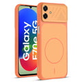 Front and back view of Orange protective back cover for Samsung F70e 5G with textured sides, camera guard and slim fit design.