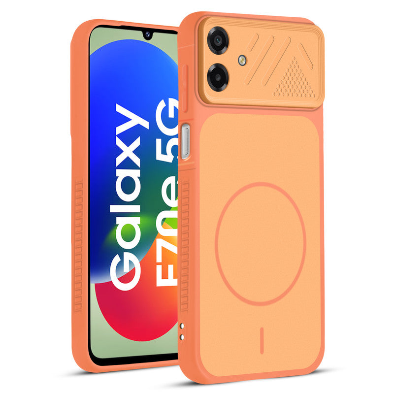 Front and back view of Orange protective back cover for Samsung F70e 5G with textured sides, camera guard and slim fit design.