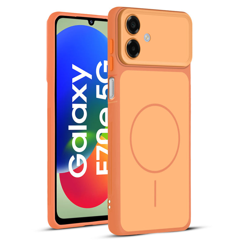 Full protective dual tone Orange silicone case for Samsung F70e 5G showing front and back design coverage