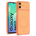 Front and back view of Orange protective back cover for Samsung M07 with textured sides, camera guard and slim fit design.