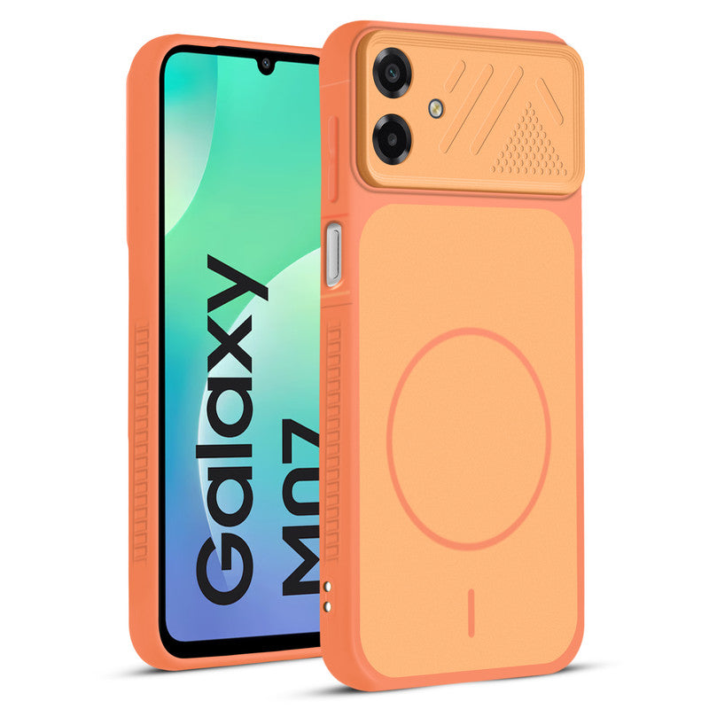 Front and back view of Orange protective back cover for Samsung M07 with textured sides, camera guard and slim fit design.