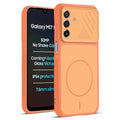 Front and back view of Orange protective back cover forSamsung M17 5G with textured sides, camera guard and slim fit design.
