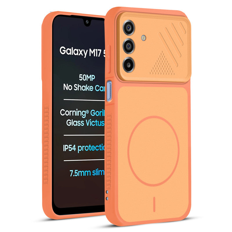 Front and back view of Orange protective back cover forSamsung M17 5G with textured sides, camera guard and slim fit design.