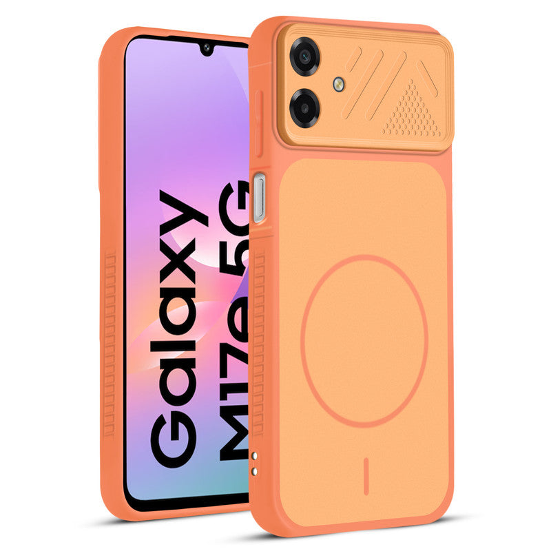 Front and back view of Orange protective back cover for Samsung M17e 5G with textured sides, camera guard and slim fit design.