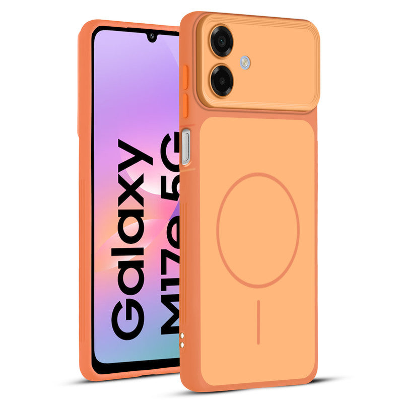 Full protective dual tone Orange silicone case for Samsung M17e 5G showing front and back design coverage