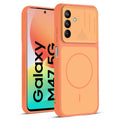 Front and back view of Orange protective back cover for Samsung M47 5G with textured sides, camera guard and slim fit design.