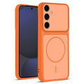 Front and back view of Orange protective back cover for Samsung S24 FE 5G with textured sides, camera guard and slim fit design.