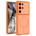 Front and back view of Orange protective back cover for Samsung S24 Ultra 5G with textured sides, camera guard and slim fit design.