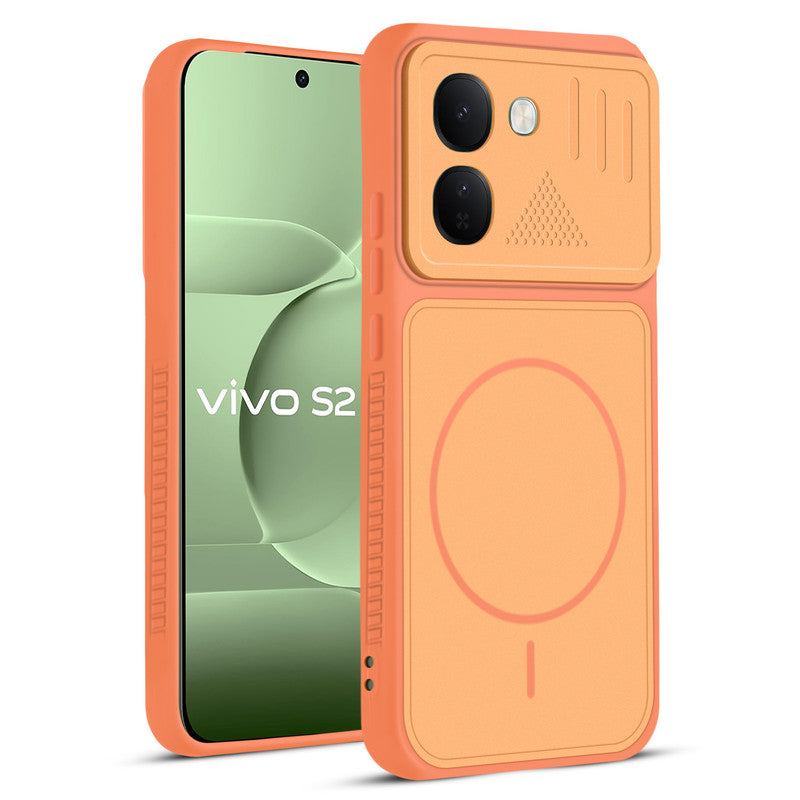 Front and back view of Orange protective back cover for Vivo S2 FE 5G with textured sides, camera guard and slim fit design.
