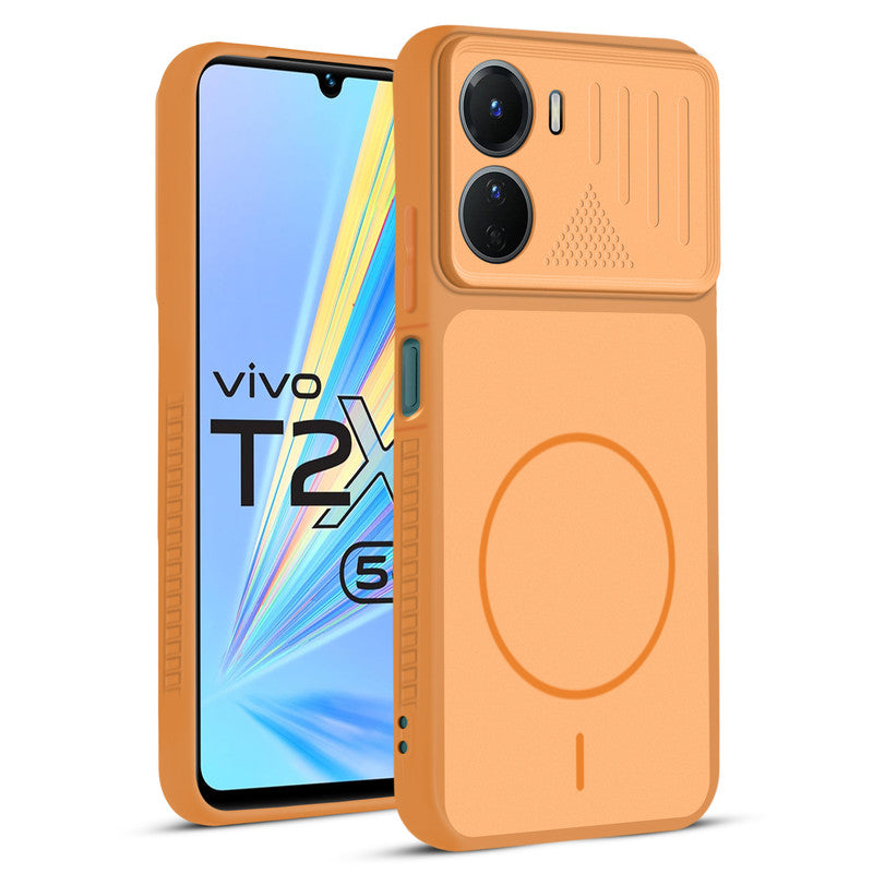 Front and back view of Orange protective back cover for Vivo T2x 5G with textured sides, camera guard and slim fit design.
