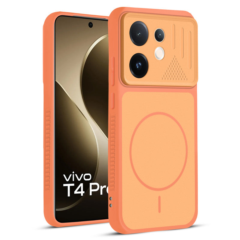 Front and back view of Orange protective back cover for Vivo T4 Pro 5G with textured sides, camera guard and slim fit design.