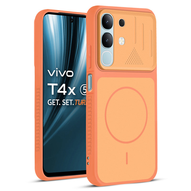 Front and back view of Orange protective back cover for Vivo T4x 5G with textured sides, camera guard and slim fit design.