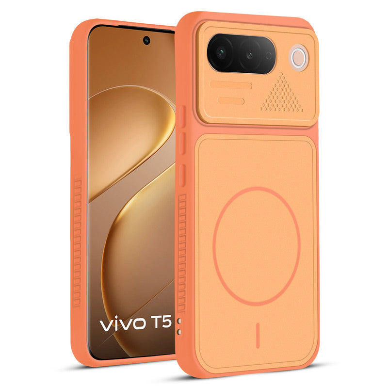 Front and back view of Orange protective back cover for Vivo T5 5G with textured sides, camera guard and slim fit design.