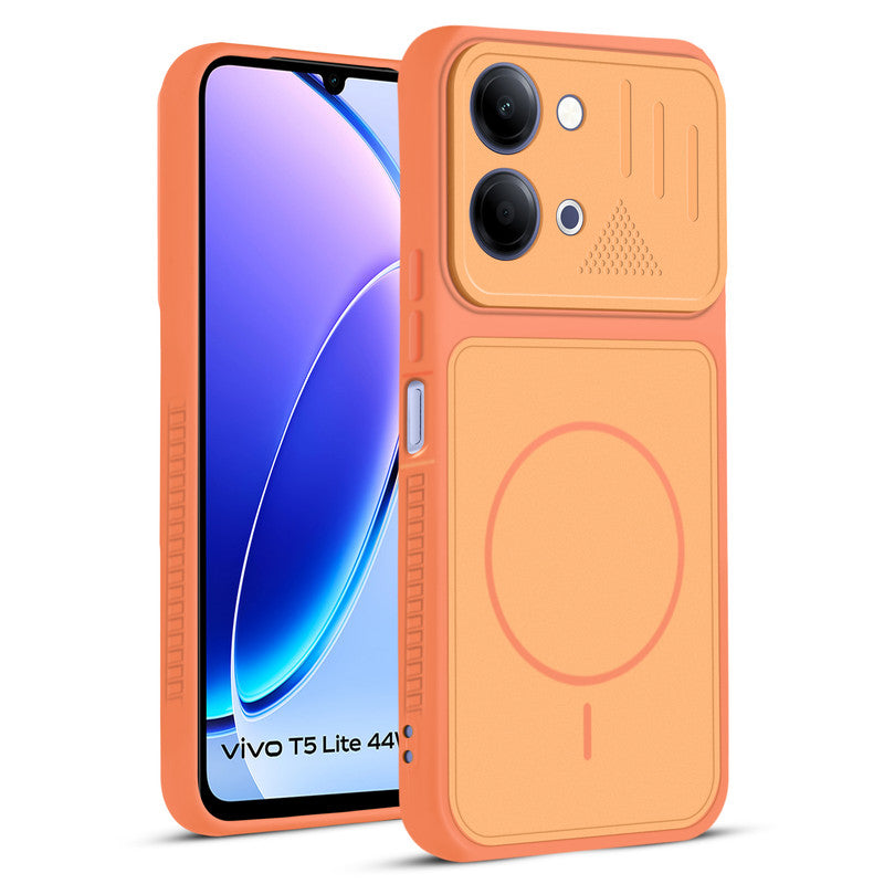 Front and back view of Orange protective back cover for Vivo T5 Lite 5G with textured sides, camera guard and slim fit design.