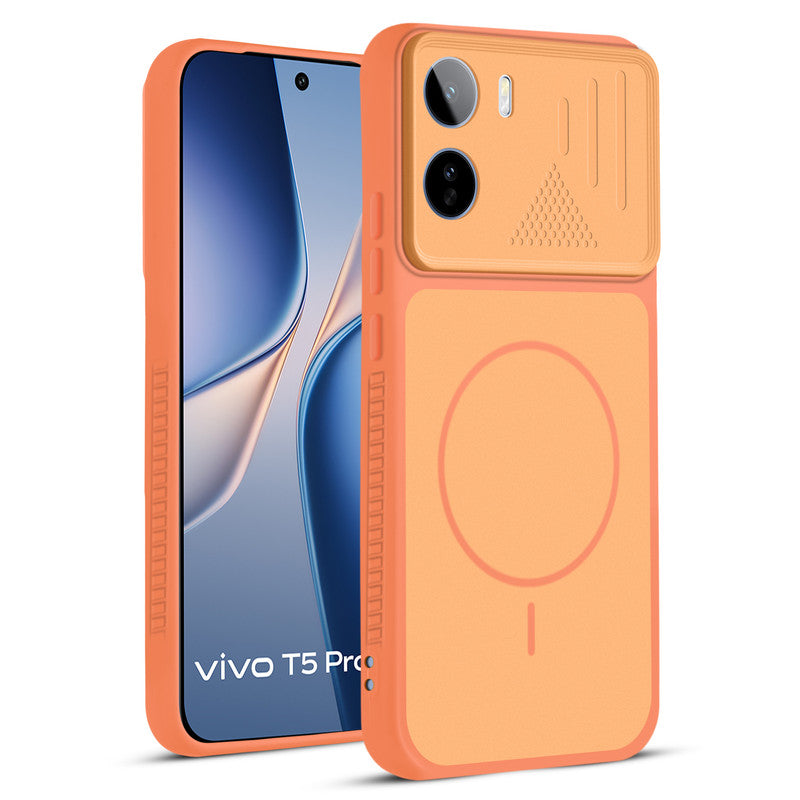 Front and back view of Orange protective back cover for Vivo T5 Pro 5G with textured sides, camera guard and slim fit design.