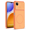Front and back view of Orange protective back cover for Vivo T5e 5G with textured sides, camera guard and slim fit design.