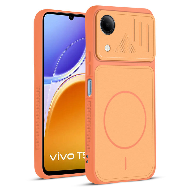 Front and back view of Orange protective back cover for Vivo T5e 5G with textured sides, camera guard and slim fit design.