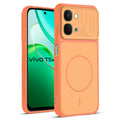 Front and back view of Orange protective back cover for Vivo T5x 5G with textured sides, camera guard and slim fit design.