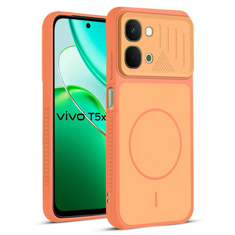 Front and back view of Orange protective back cover for Vivo T5x 5G with textured sides, camera guard and slim fit design.